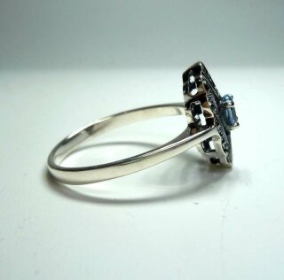 Feiner Silber Jugendstil Ring mit ovalem Aquamarin + Markasiten handgefaßt