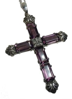 Großer Silber Amethyst Gründerzeit Kreuz Anhänger mit extralanger Kette