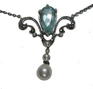 Pforzheimer traumhaftes edles Aquamarin Jugendstil Collier mit Perlen