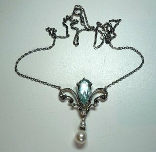 Pforzheimer traumhaftes edles Aquamarin Jugendstil Collier mit Perlen