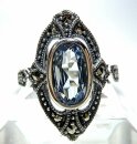 Noblesse Silber Jugendstil Ring mit ovalem Aquamarin + Markasiten handgefaßt RG54