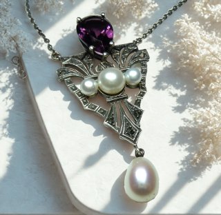 Pforzheimer Jugendstil-Collier aus 925 Silber mit Amethyst & Perlen – Handarbeit