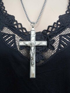 Antikes Jugendstil Kreuz mit Jesu & prachtvollen Perlmutt Intarsien um 1910