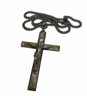Antikes Jugendstil Kreuz mit Jesu & prachtvollen Perlmutt Intarsien um 1910
