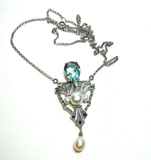 Pforzheimer traumhaftes edles Aquamarin Jugendstil Collier mit Perlen