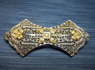 Prchtige Silber Jugendstil Filigran Schleifen Brosche teilvergoldet