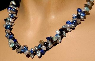 Vario Keshi Perlen Collier Blaumix mit 925 Silberschließe