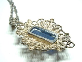 Vintage 800 Silber Anhnger mit Blautopas Filigranschmuck an Kette um 1935