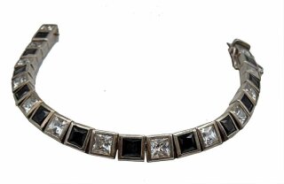 925 Silber Tennis Armband mit Onyx und Bergkristallen um 1950