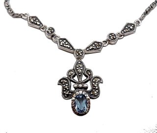 Edles Jugendstil Silber Collier mit Aquamarin und Markasiten