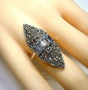 Noblesse Silber Jugendstil Navette Ring mit Markasit + Aquamarinen RG52