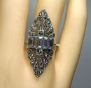 Noblesse Silber Jugendstil Navette Ring mit Markasit + Aquamarinen RG52