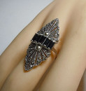 Noblesse Silber Jugendstil Navette Ring mit Markasit + Onyx RG57