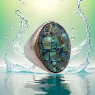 925 Silber Ring mit Abalone Paua Muschel Mosaik – Meisterliche 80er Jahre Silberschmiedekunst RG 67