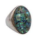 925 Silber Ring mit Abalone Paua Muschel Mosaik – Meisterliche 80er Jahre Silberschmiedekunst RG 67