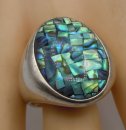 925 Silber Ring mit Abalone Paua Muschel Mosaik – Meisterliche 80er Jahre Silberschmiedekunst RG 67