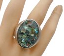 925 Silber Ring mit Abalone Paua Muschel Mosaik – Meisterliche 80er Jahre Silberschmiedekunst RG 67