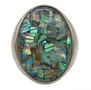 925 Silber Ring mit Abalone Paua Muschel Mosaik – Meisterliche 80er Jahre Silberschmiedekunst RG 67