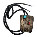 Vintage Navajo Bolotie aus 925 Sterling Silber – Handgefertigt von R. Bake mit Türkis & Koralle