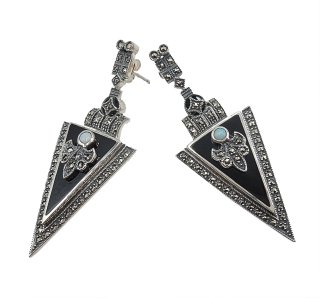 925 Silber Art Deco Ohrringe mit Onyx, Opal und Markasiten