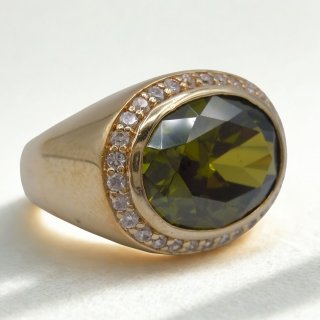 Vintage Tchibo Ring 80er | 925 Silber vergoldet | Peridotfarbener Stein & Steinbesatz | RG 57