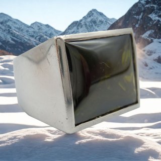 Vintage 925 Silberring mit großem Moldavit – schwerer Statement-Ring aus den 60er Jahren