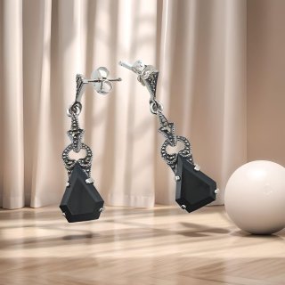 Art Déco Ohrringe aus 925 Silber – Onyx & Markasit | Handgefertigter Vintage Ohrschmuck