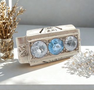 Art Déco Silberring mit Blautopas & Bergkristall – handgefertigtes Einzelstück