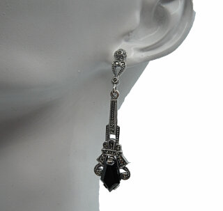 925 Silber Onyx ART DECO Hänge Ohrringe mit handgefassten Markasiten