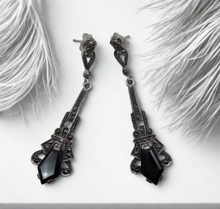 Art-Deco Ohrschmuck aus 925 Silber mit Onyx & Markasit – handgefertigte Eleganz