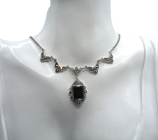 925 Silber Jugendstil Collier mit Onyx und Markasiten