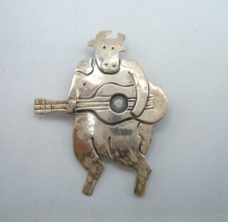 925 Silber Vintage Kuh Brosche - Handarbeit  Kuh mit Gitarre