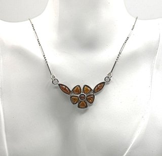 925 Silber Blüten Bernstein Collier 50er Jahre