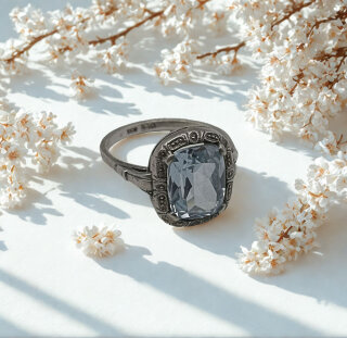 Art Déco Ring mit Blautopas – 835 Silber, handgefertigt aus Pforzheim, Größe 60