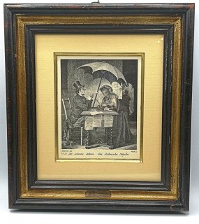 Zertifizierte Kalligraphie zu Kupferstich von J. Niedermann, Holzrahmen, 34x37cm, Der italienische Schreiber