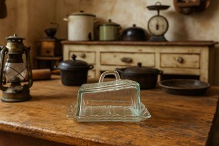 Antike Käseglocke / Butterglocke aus Pressglas der 1930er Jahre – Klarglas mit grünlichem Schimmer, zeitloses Vintage Design
