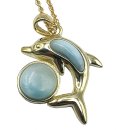Karibischer Larimar Delphin mit Ball Anhänger an Ankerkette 925 Silber vg.