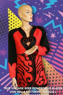 True Vintage 80er Powerdress Blazer von Hella Rotthoff – Größe L / 40 – Schwarz Rot – Extravagant & Einzigartig