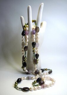 Langes ECHT Süßwasser Perlen Collier mit Halb Edelsteinen
