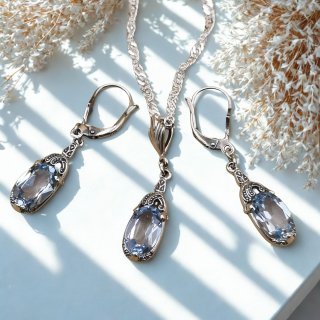 Art-Deco Aquamarin Schmuckset aus 925 Silber – Anhänger mit Ohrhängern & Singapurkette