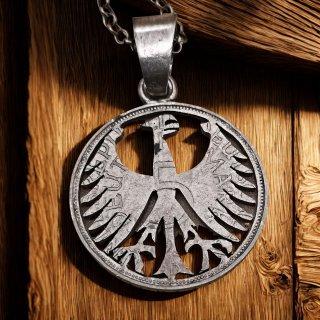 Vintage Silberanhänger aus 5-DM-Münze „Silberadler“ – Heiermann an 45 cm Silberkette (70er Jahre)