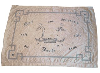 Antikes besticktes Leinentuch „Spruchtuch“ – Weiß mit blauer Stickerei, 73x100 cm
