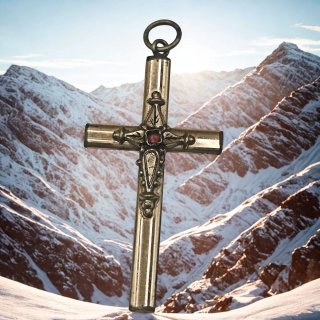 Viktorianisches Kreuz Anhänger aus Schaumgold mit Granat – 38 mm