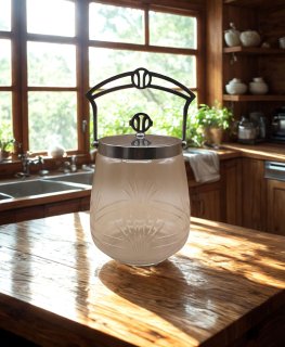 Antike Jugendstil Keksdose aus geschliffenem Kristallglas mit Metallmontur – um 1900