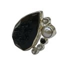 925 Silber Ring mit Tektit, weißem Topas, schwarzem Spinell & Perle – Unikat Größe 59