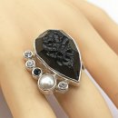 925 Silber Ring mit Tektit, weißem Topas, schwarzem Spinell & Perle – Unikat Größe 59