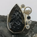 Gothic Romance Tektit Ring aus 925 Silber mit Topas & Perle – Gr. 59