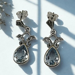 Aquamarin Ohrringe 925 Silber mit Markasiten – Jugendstil & Art Déco Design