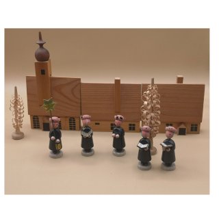 Kurrende-Gruppe mit Kirche & Häusern – VERO Olbernhau 70er Jahre – Erzgebirge Sternsinger Set