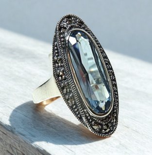 Silber Jugendstil Ring mit ovalem Aquamarin & handgefassten Markasiten – 925 Sterling Silber
